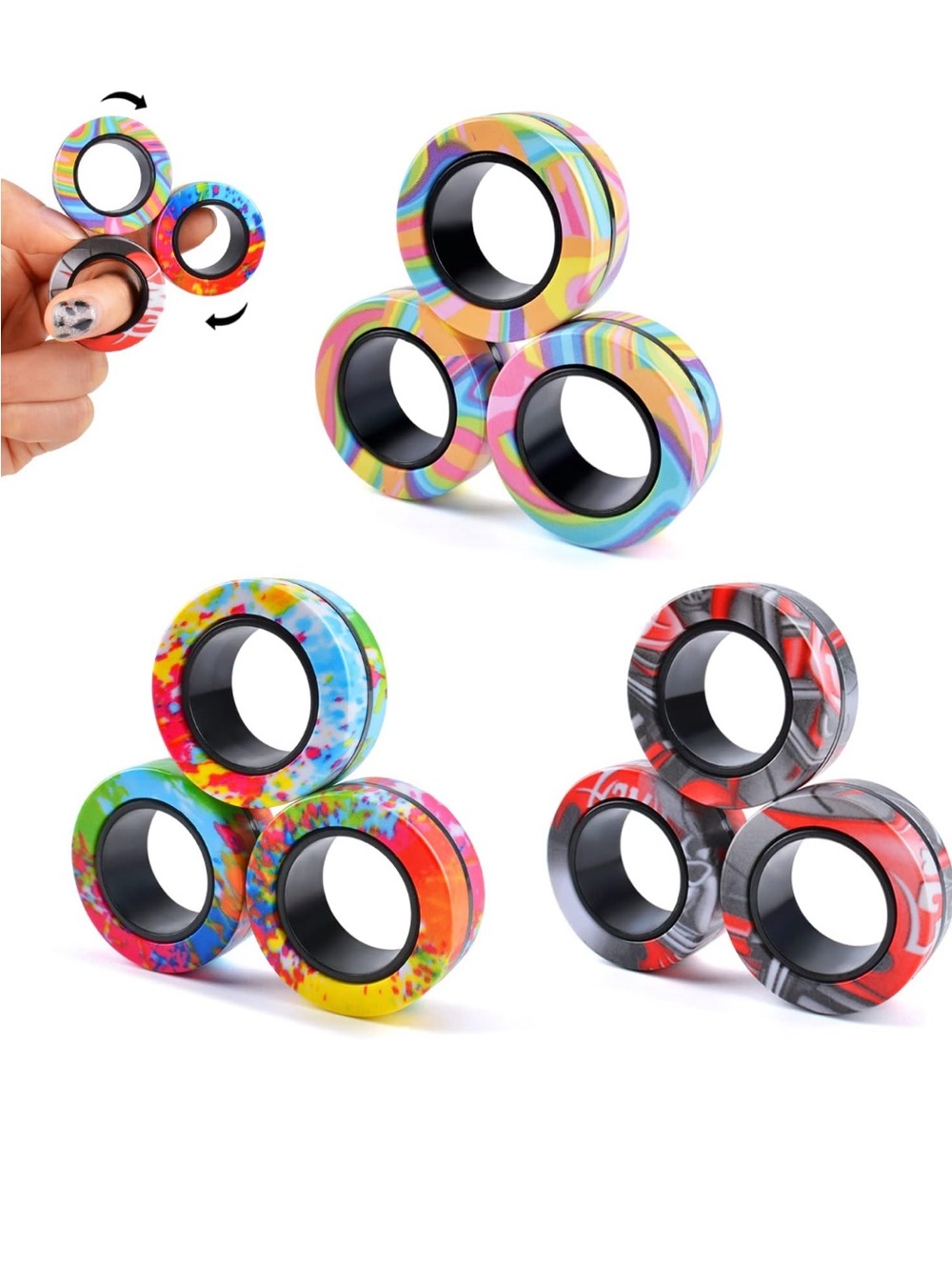 Back to school - Colourful Silicone magnetic Finger Fidget Rings - Pack of 9